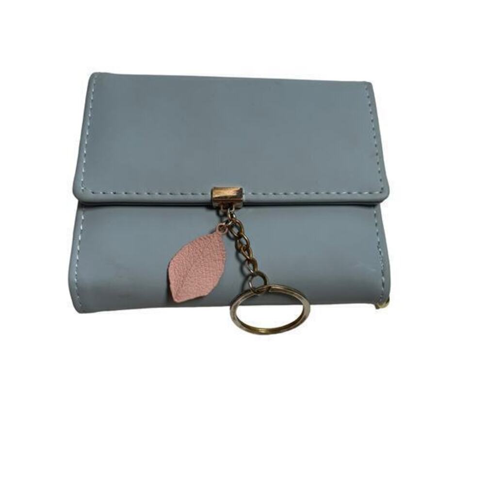 NWOT Horizontal Closure Bi-Fold, Key Chain Wallet, Soft Baby Blue, Feather Charm